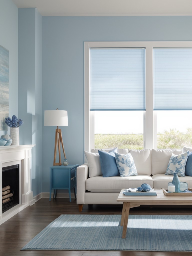 Coastal-inspired apartment living room paint ideas, utilizing shades of blue and white to evoke a light and airy beach ambiance.