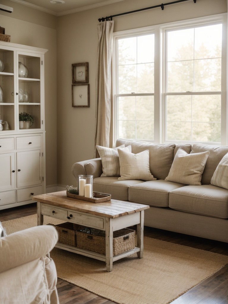 Country farmhouse-inspired apartment living room paint ideas, utilizing warm and inviting shades of cream, beige, and pastels to create a cozy and rustic ambiance.