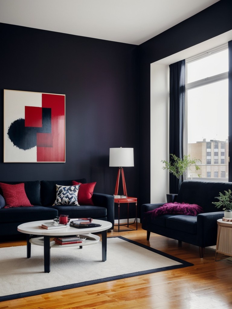 Edgy and eclectic apartment living room paint ideas, showcasing bold and unconventional color combinations such as black and navy, or red and violet, to create a visually striking and unconventional design.