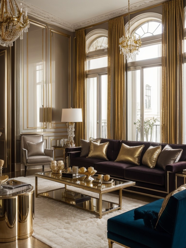 Glamorous apartment living room paint ideas, featuring metallic hues like gold, silver, and bronze, combined with deep jewel tones for a luxurious and opulent space.