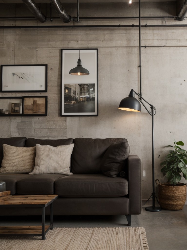 Industrial apartment living room paint ideas, using rustic, earthy tones like gray, brown, and black to achieve a raw and urban aesthetic.