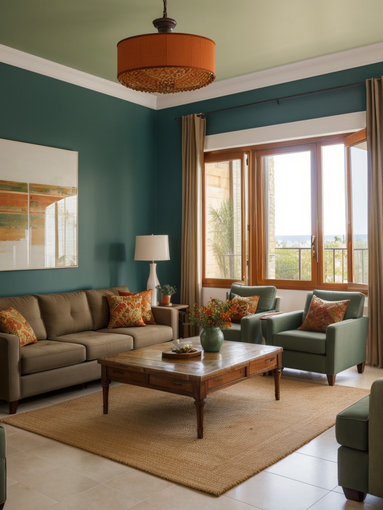 Mediterranean apartment living room paint ideas, featuring warm and earthy shades like terracotta, deep red, and olive green, combined with pops of vibrant blue for a vibrant and exotic feel.