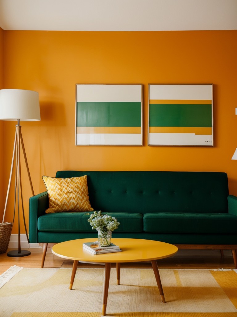 Mid-century modern apartment living room paint ideas, embracing bold and retro colors like avocado green, burnt orange, and mustard yellow for a nostalgic and funky vibe.