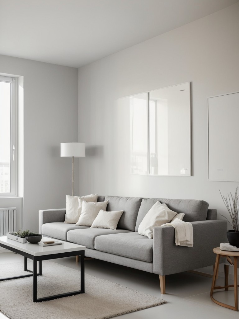 Minimalist apartment living room paint ideas, employing a monochromatic color scheme with shades of white, gray, and beige for a sleek and clean look.