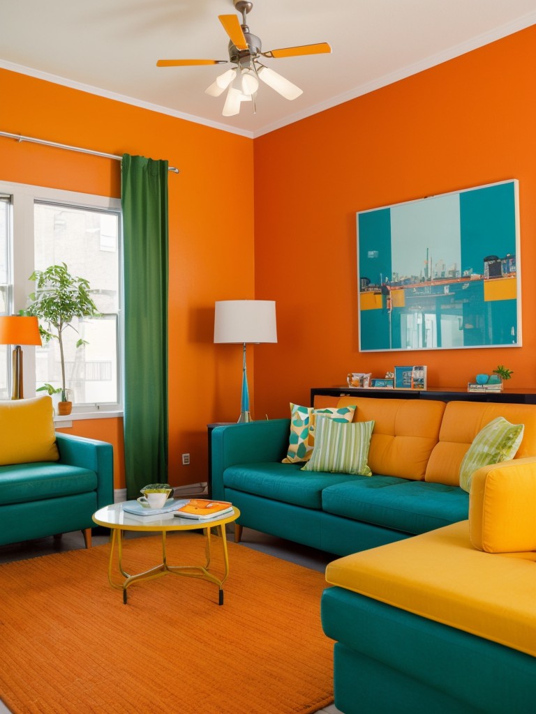 Retro apartment living room paint ideas, embracing bold and vibrant colors from the 1960s and 1970s, such as tangerine orange, lime green, and electric blue, for a playful and energetic atmosphere.