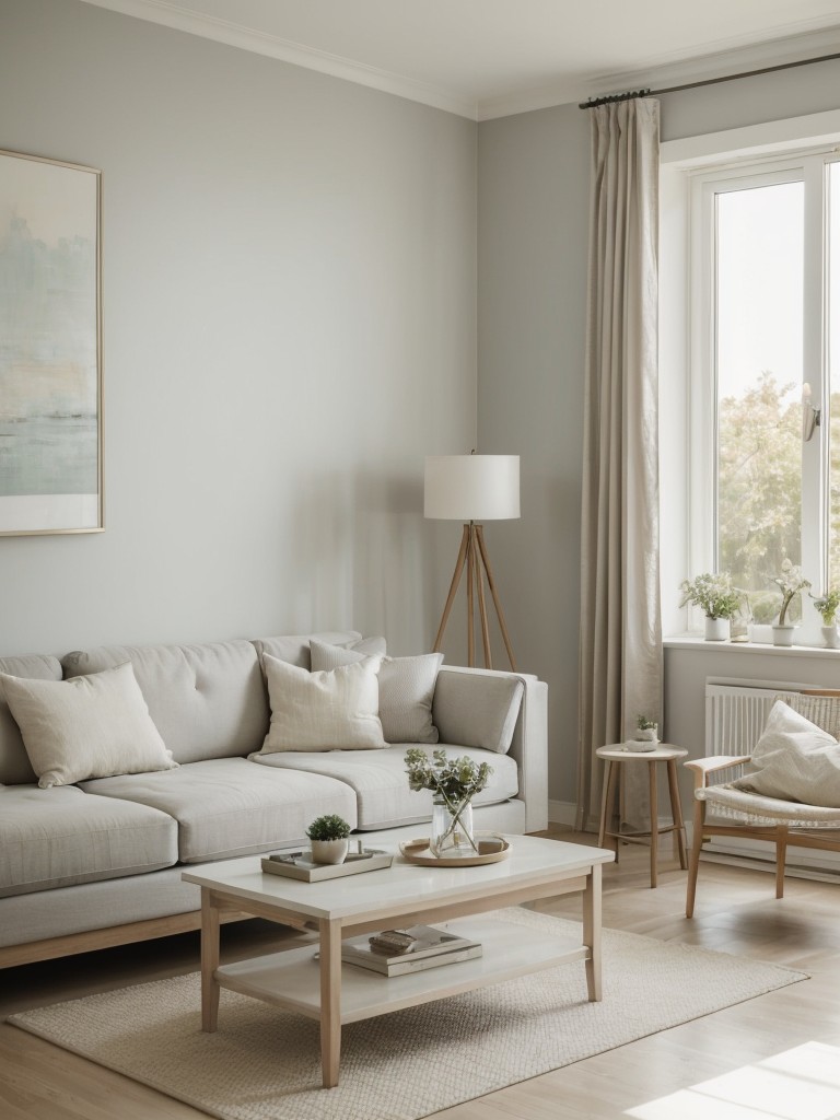 Serene and calming apartment living room paint ideas, incorporating soft pastel shades or light neutrals to create a soothing atmosphere.