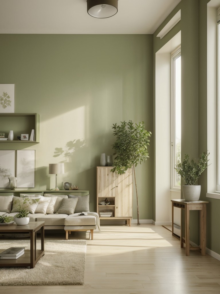 Zen-inspired apartment living room paint ideas, using soothing shades of green, beige, and white to create a peaceful and harmonious atmosphere.