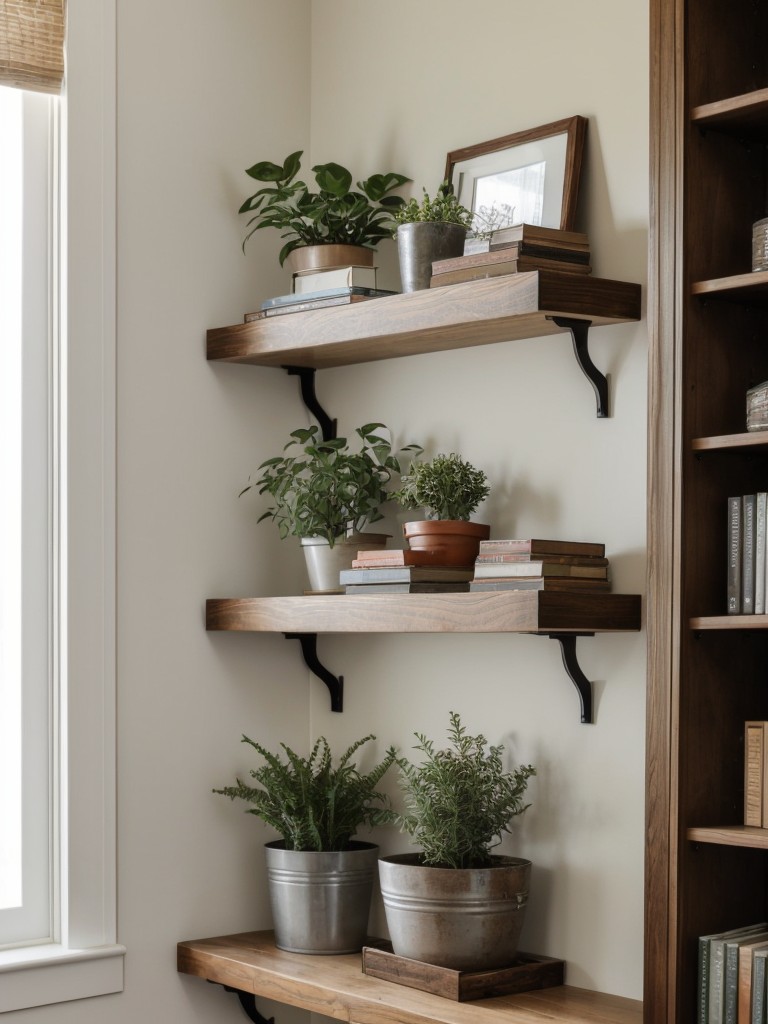 Install floating shelves to display your favorite books, plants, and decorative accessories.