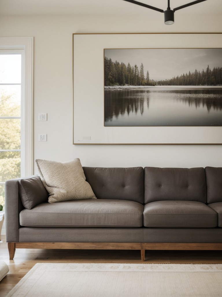 Install a large, statement-sized piece of artwork above the sofa to anchor the room and create a focal point.