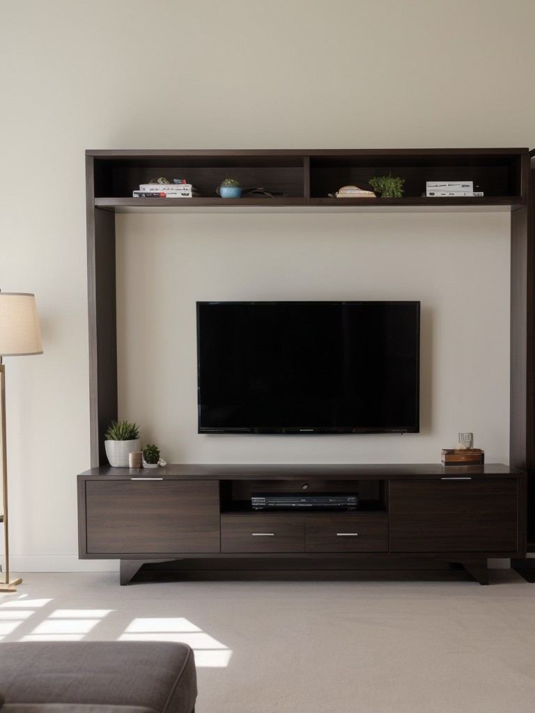 Install a TV unit or media console with floating shelves for a sleek and organized entertainment area.