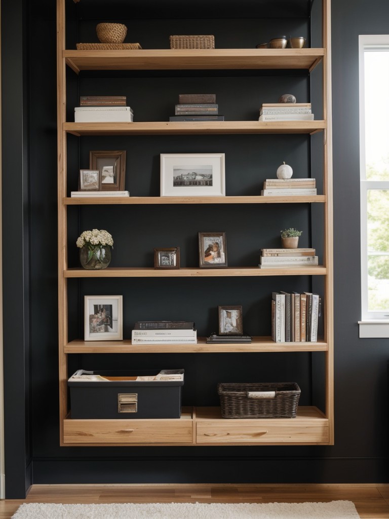 Install wall-mounted bookshelves for a stylish and functional storage solution.
