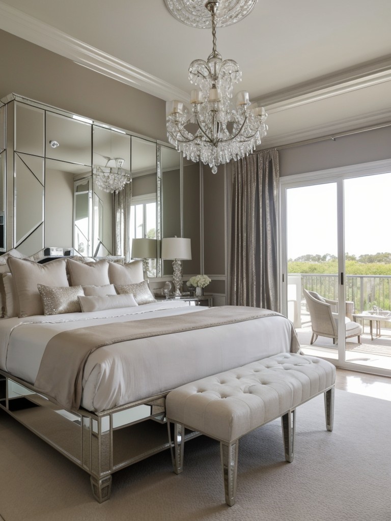Add a touch of glamour to the master bedroom with mirrored furniture, crystal chandeliers, and metallic accents.