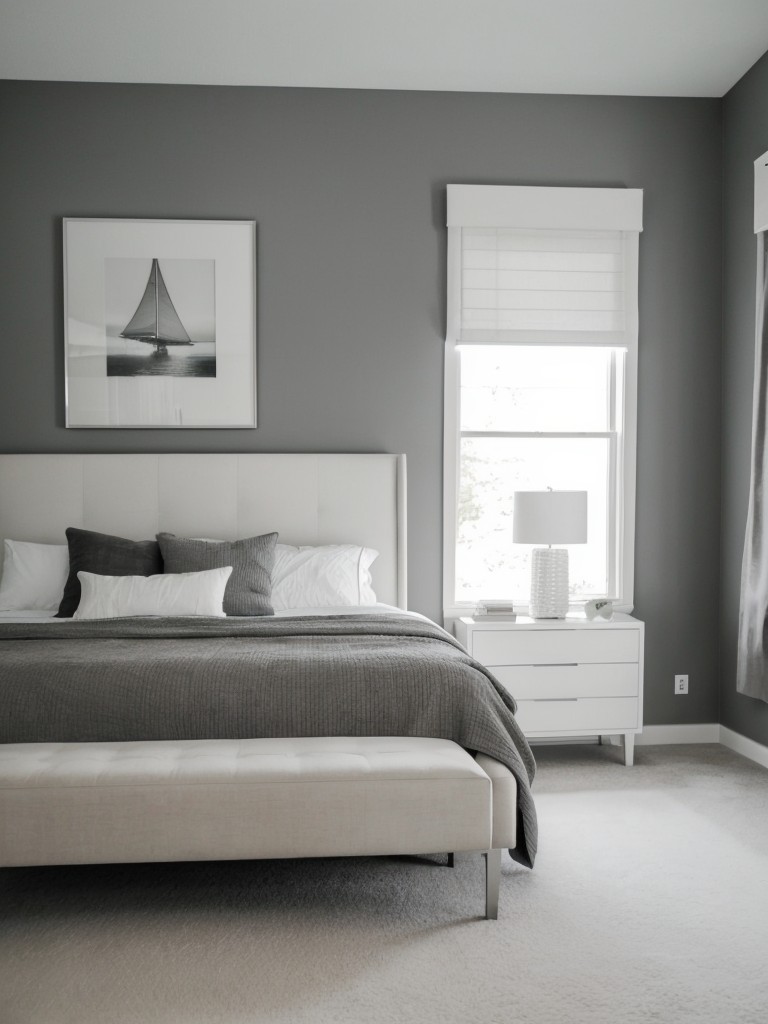 Create a minimalist look in the master bedroom with clean lines, simple furniture, and a monochromatic color palette.