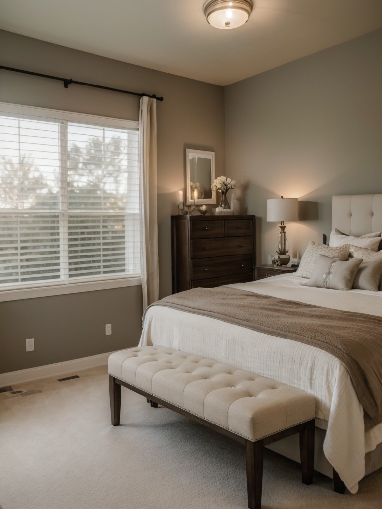 Create a serene, spa-like atmosphere in the master bedroom with a muted color palette, scented candles, and soft music.