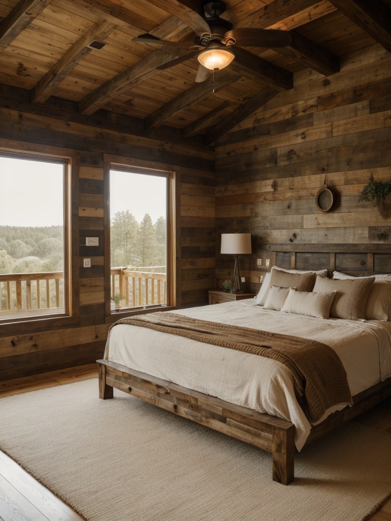 Design a cozy and rustic master bedroom with wooden furniture, exposed beams, and earthy color tones.