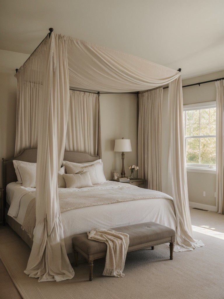 Design a romantic master bedroom with soft, flowing curtains, a dreamy canopy bed, and subtle candlelight.