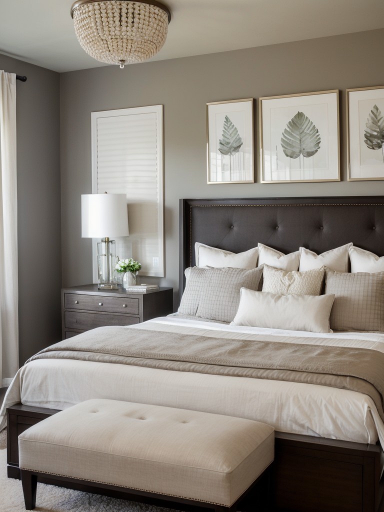Incorporate a statement headboard and elegant wall art in the master bedroom to add a touch of sophistication and personality.