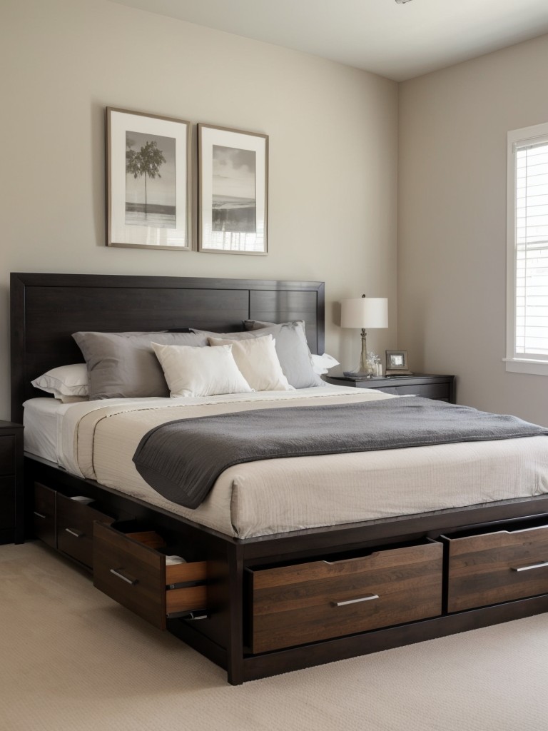 Opt for a platform bed with built-in storage to maximize space in the master bedroom and eliminate the need for a bulky dresser.