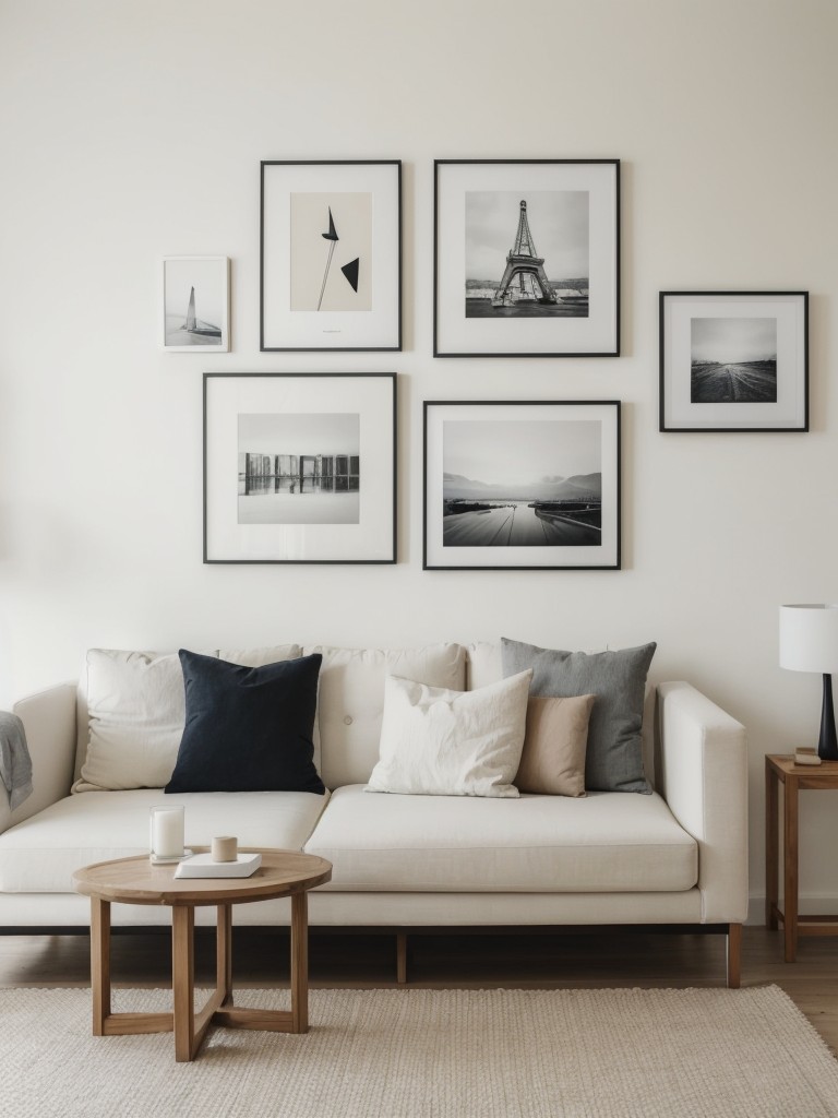 Designing a minimalist gallery wall with a curated selection of artwork and photographs.