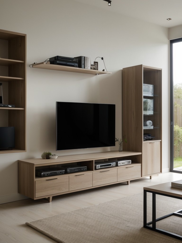 Embracing minimalistic technology with hidden wires, smart home gadgets, and compact entertainment systems.