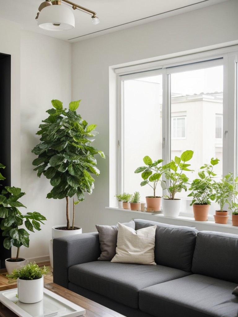 Incorporating minimalist plant arrangements or small indoor gardens to bring a touch of nature into the living room.