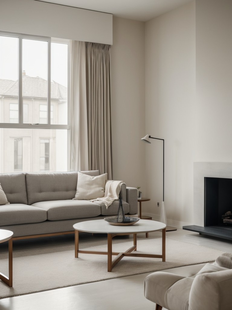 Sleek and minimalist living room design with muted color palette, clean lines, and few statement pieces of furniture.