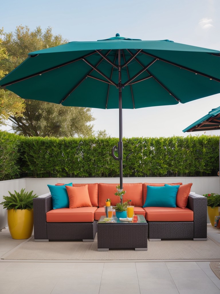 Adding pops of color with vibrant patio umbrellas, bold cushions, or statement planters to liven up the space.