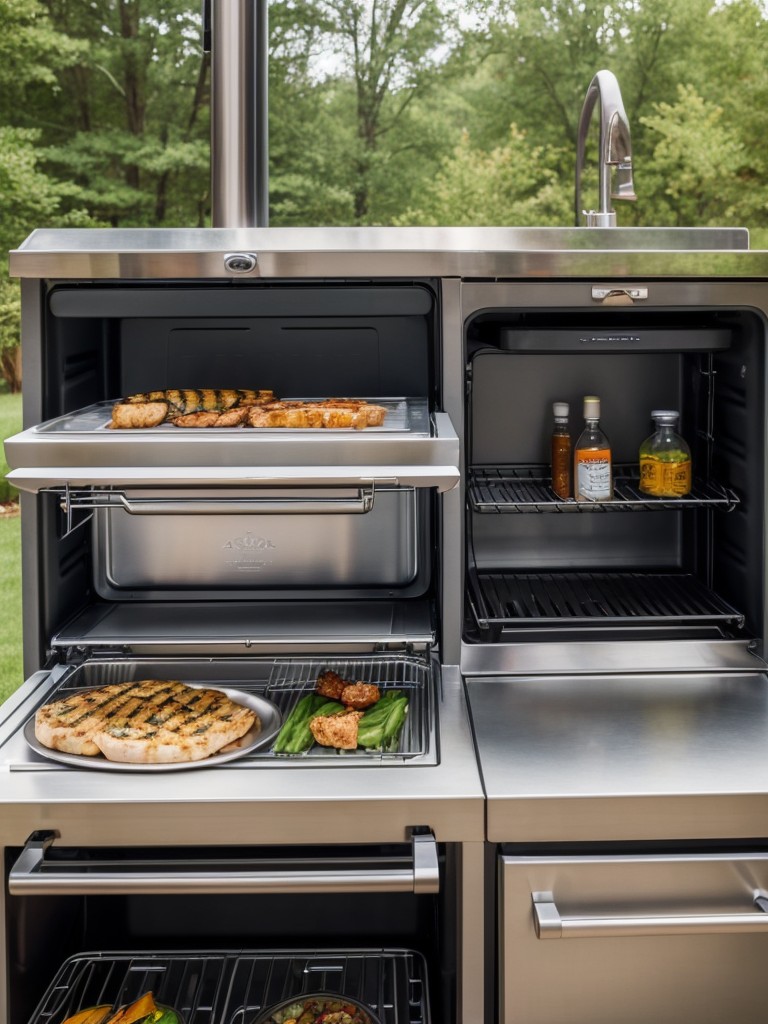 Incorporating a small cooking area with a portable grill, mini fridge, or compact outdoor kitchenette for al fresco dining experiences.