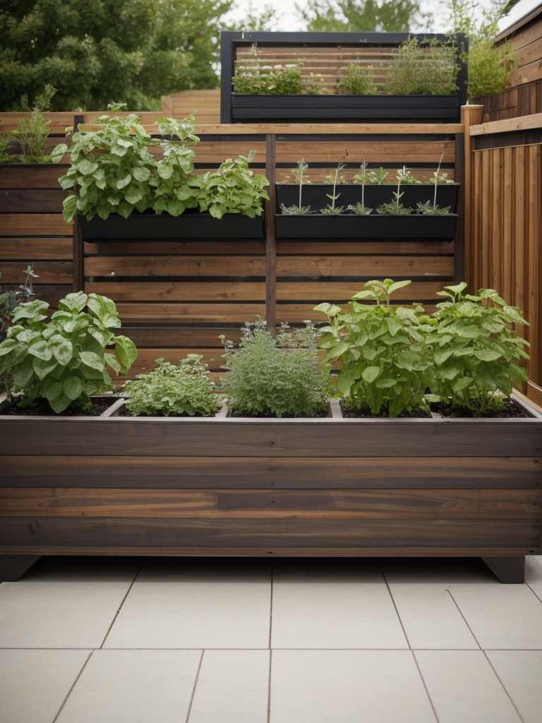 Incorporating a small herb or vegetable garden with vertical planters or raised beds for a practical and sustainable patio design.