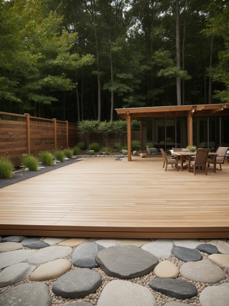 Utilizing natural elements like small pebbles, wooden decking, or artificial grass to create a soothing and low-maintenance patio floor.