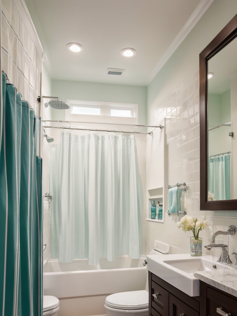 Creative ways to add pops of color to a small bathroom, like painting the ceiling a bold hue or using colorful accents in the shower curtains or accessories.