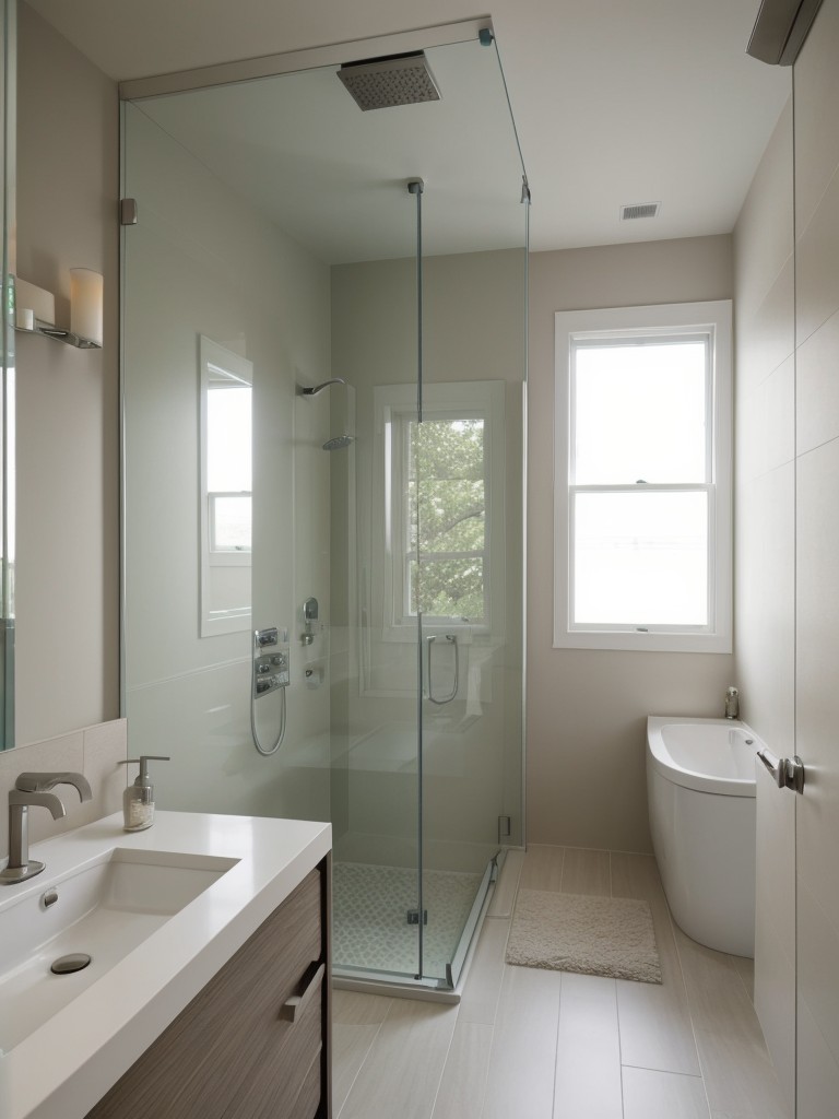 Design ideas for small bathroom layouts, such as an open-concept design with a glass partition or a half-wall dividing the shower area.