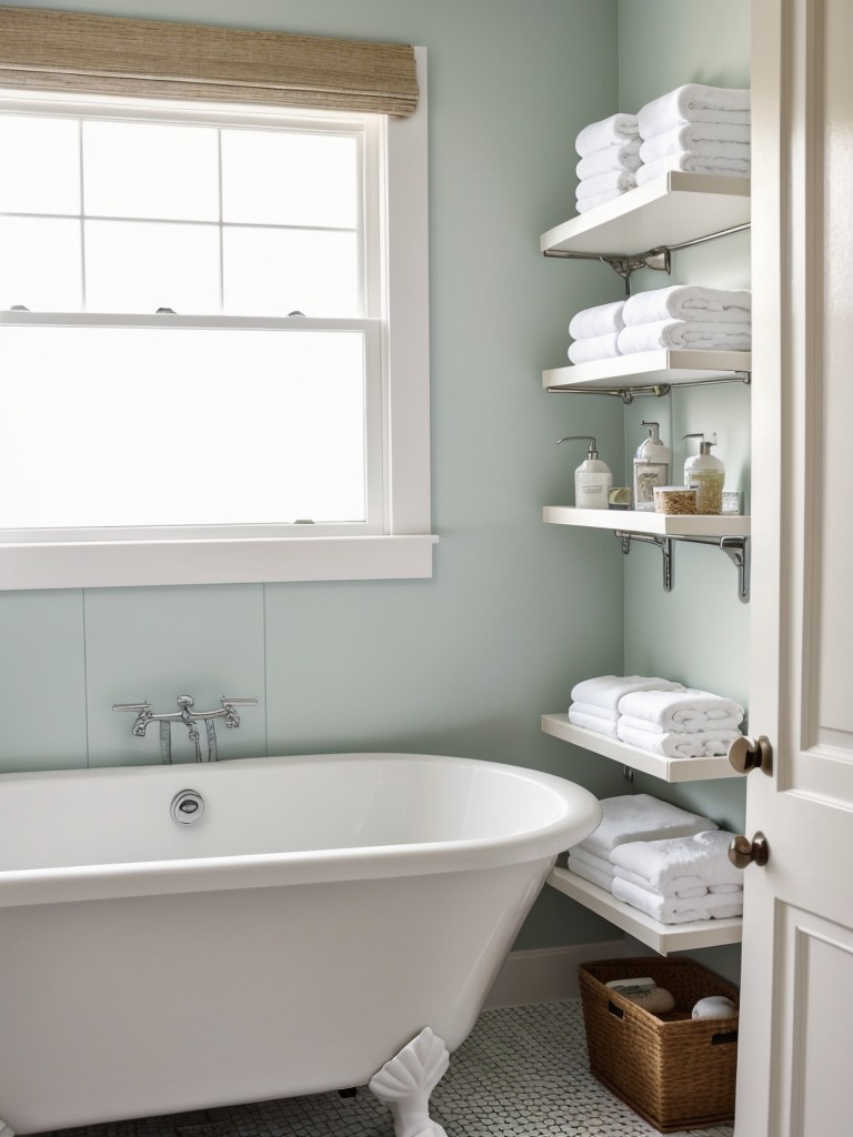 Design tips for a functional and stylish small bathroom, like using a floating vanity with open shelving or a clawfoot tub with a curtain rod for added storage.