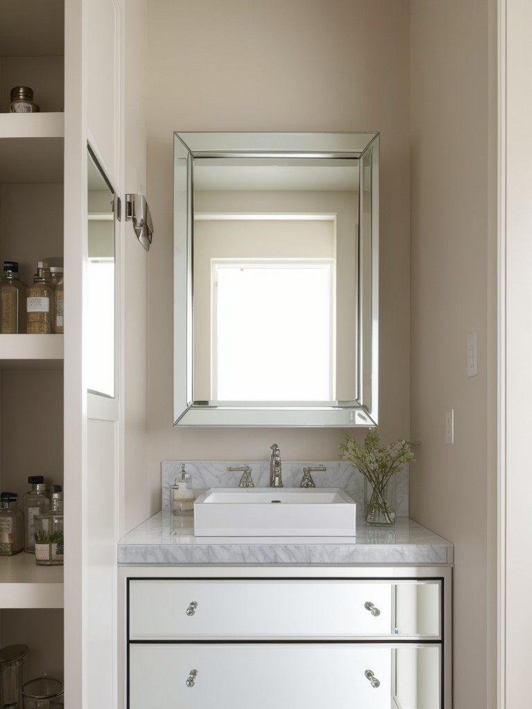 Ideas for incorporating hidden storage solutions, like a mirrored medicine cabinet with built-in shelves or a vanity with a pull-out drawer system.