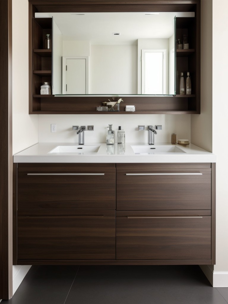 Ideas for incorporating multifunctional furniture, like a vanity with built-in storage or a mirrored cabinet with hidden compartments.