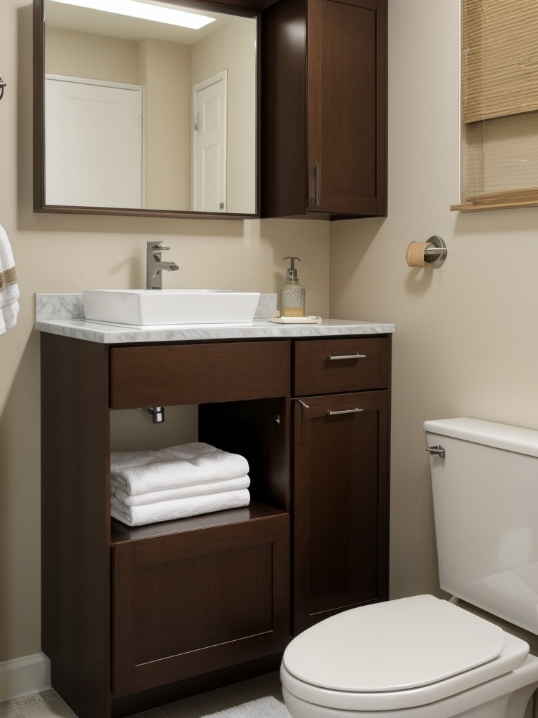 Ideas for optimizing storage in a small bathroom, such as installing a recessed shelving unit above the toilet or using a vanity with drawers and cabinets.