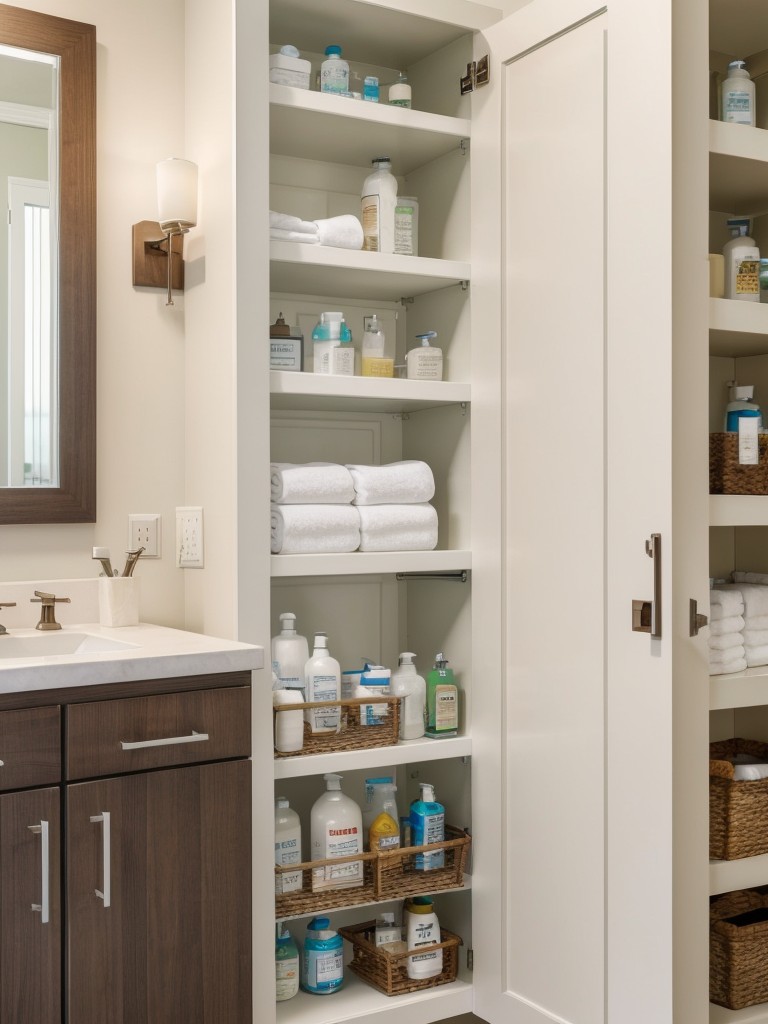 Innovative storage ideas for toiletries and towels, such as recessed medicine cabinets, towel racks with shelves, or built-in shower niches.