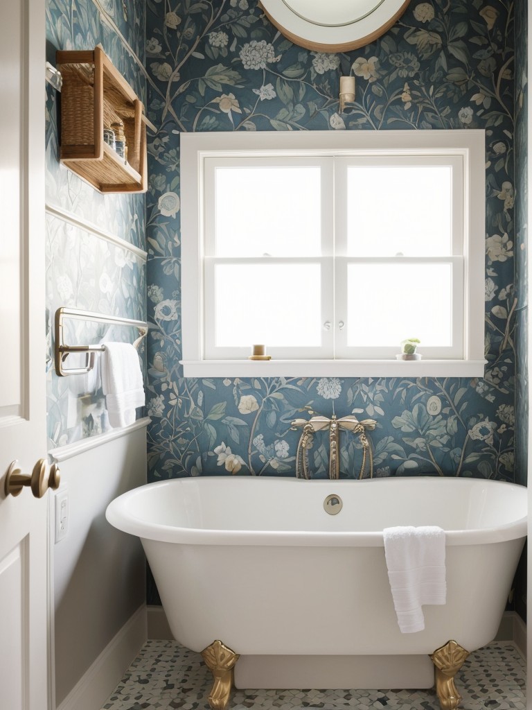 Suggestions for adding personality to a small bathroom through unique and quirky design elements, like wallpaper with a bold pattern or a vintage-inspired faucet.