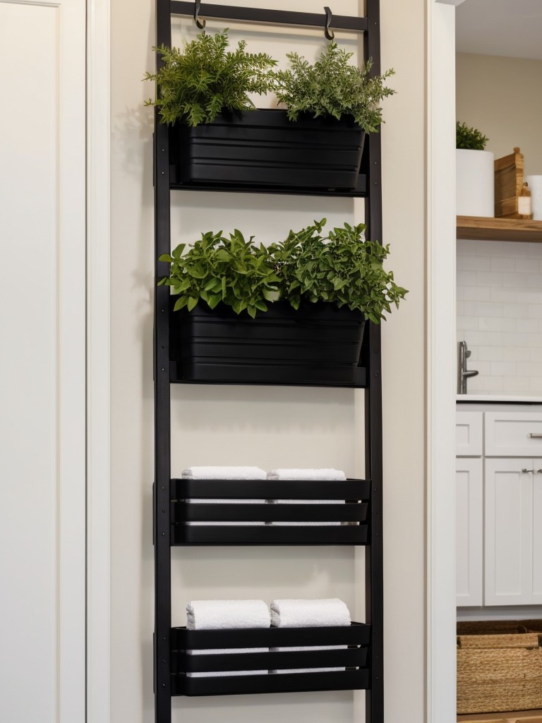 Suggestions for using vertical space effectively, such as installing a ladder-style towel rack or hanging planters on the walls.