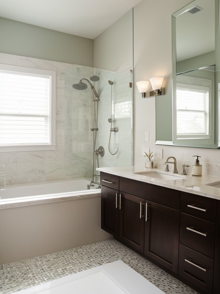 Ways to create the illusion of a larger bathroom, such as using large mirrors, light-colored paint, and seamless shower enclosures.