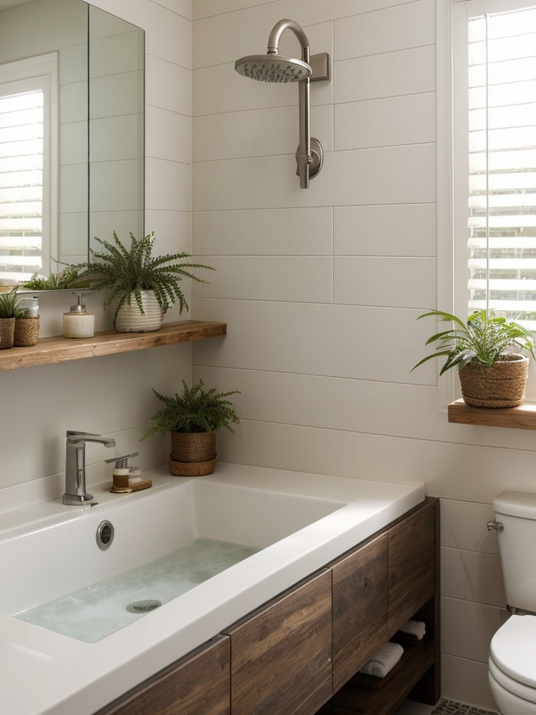 Ways to create a spa-like atmosphere in a small bathroom, such as incorporating natural materials, installing a rainfall showerhead, or adding a small indoor plant.