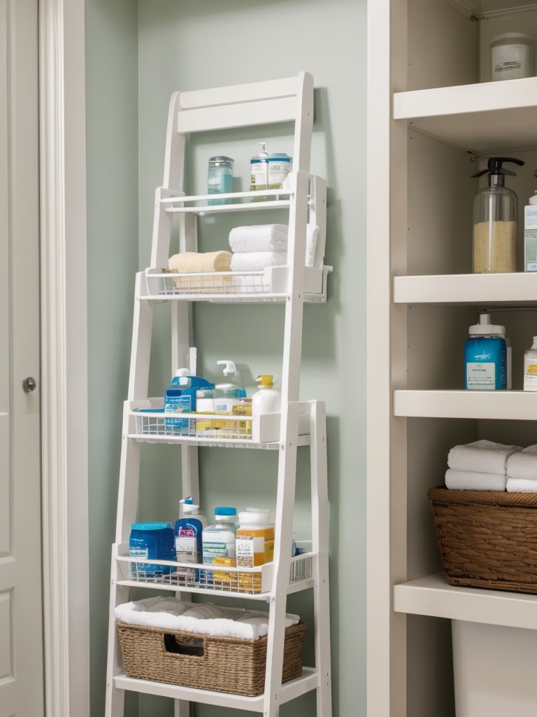 Incorporate clever storage solutions like under-sink organizers or a ladder shelf for towels and toiletries.