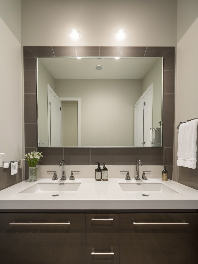 Utilize mirrored surfaces or a mirrored backsplash to reflect light and create the illusion of a more open bathroom.