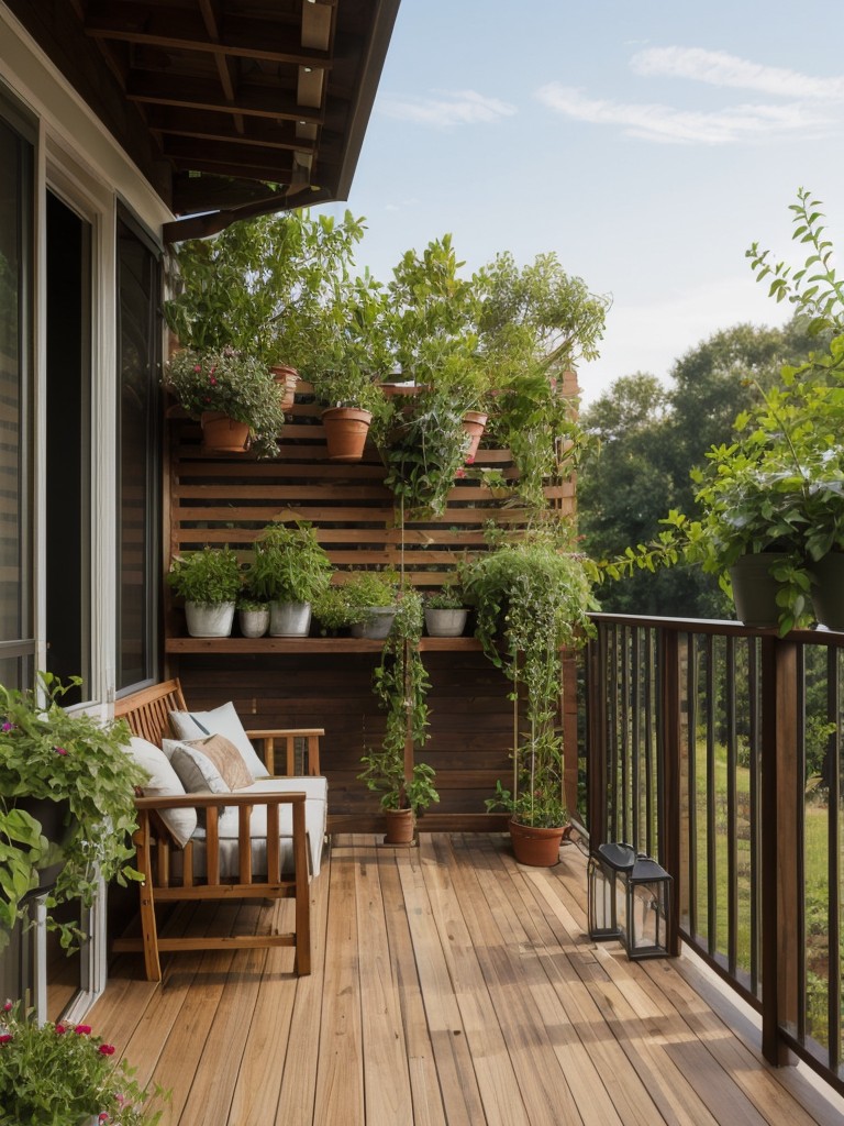 Build a wooden trellis along the railing of your balcony and let it be covered with climbing plants for privacy and greenery.