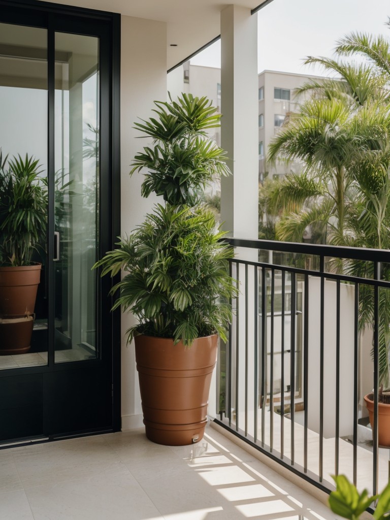 Incorporate tall potted plants strategically placed along the edges of your balcony to create a natural barrier.