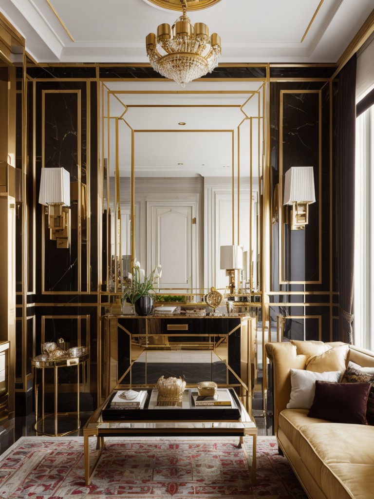 Art Deco apartment design with luxurious materials, bold geometric patterns, and rich colors, creating a glamorous and opulent aesthetic.