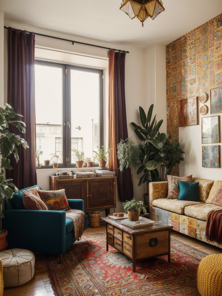 Bohemian apartment ambiance with eclectic furniture, vibrant patterns, and a mix of textures to create a cozy and artistic atmosphere.