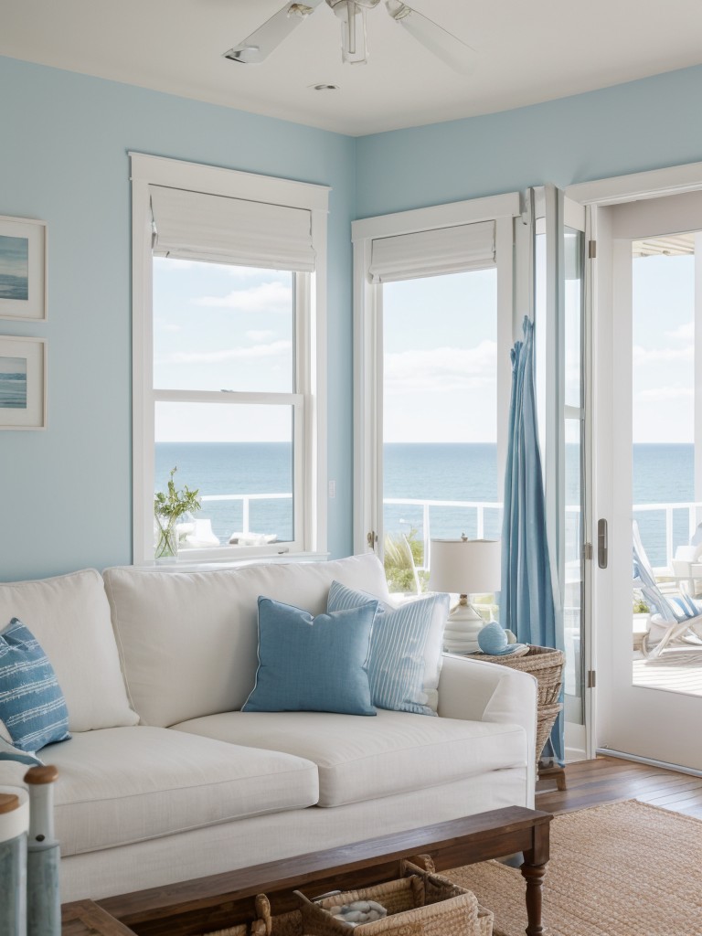 Coastal apartment theme with light blue and white color palette, nautical elements, and natural fabrics, giving a fresh and airy coastal vibe.