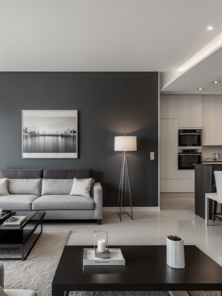 Contemporary apartment style featuring sleek furniture, monochromatic color scheme, and accent lighting for a sophisticated and modern look.