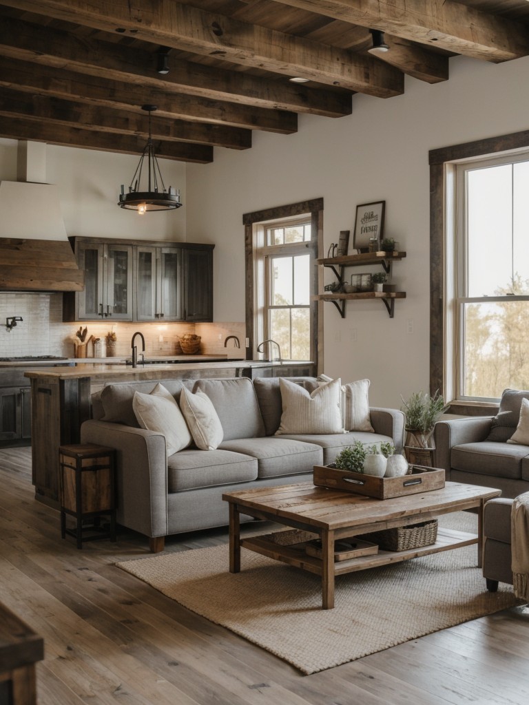 Contemporary farmhouse apartment decor combining rustic elements, farmhouse furniture, and modern finishes, creating a cozy and inviting atmosphere.